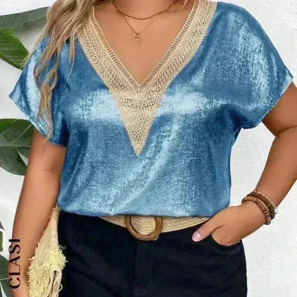 SHEIN Batwing Sleeve Lace V-Neck Shimmery Top Size 2XL Blue NWT - Picture 3 of 10